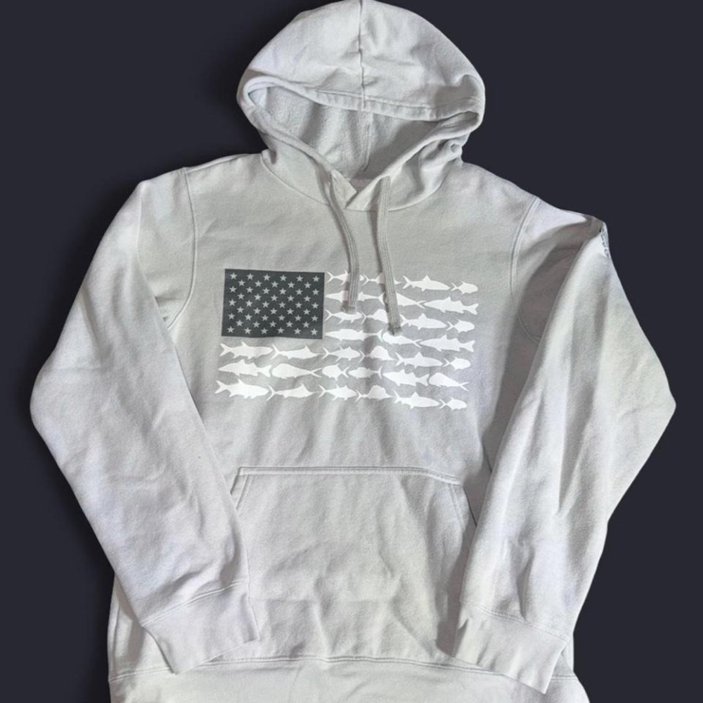 Columbia PFG Hoodie Small Gray Fishing Flag Graphic Pullover Outdoors Streetwear